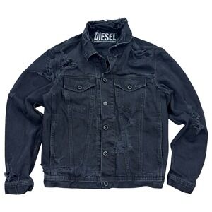 Diesel Trucker Jacket Men's Medium Black Denim Shredded Distressed Streetwear